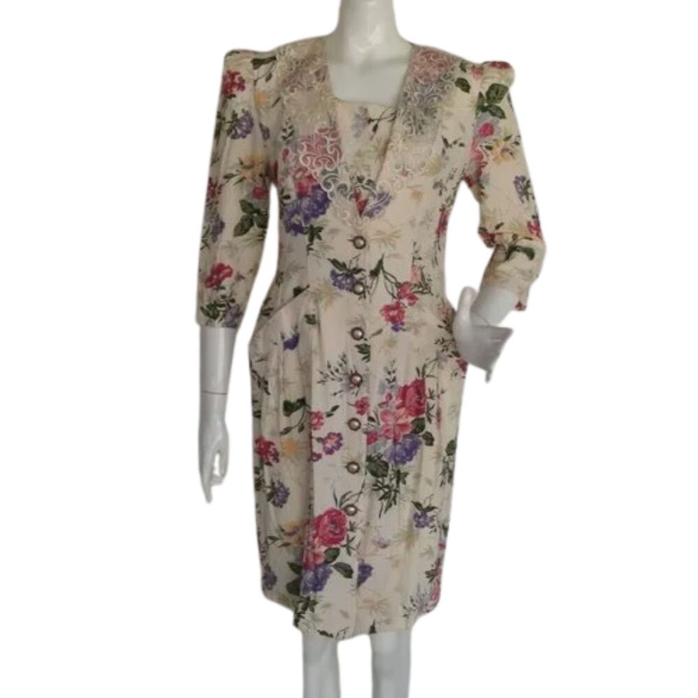 BRIOCHE Dress, Vintage 7/8, Floral, Lace Collar/Lapel, V-neck W/Insert, Career